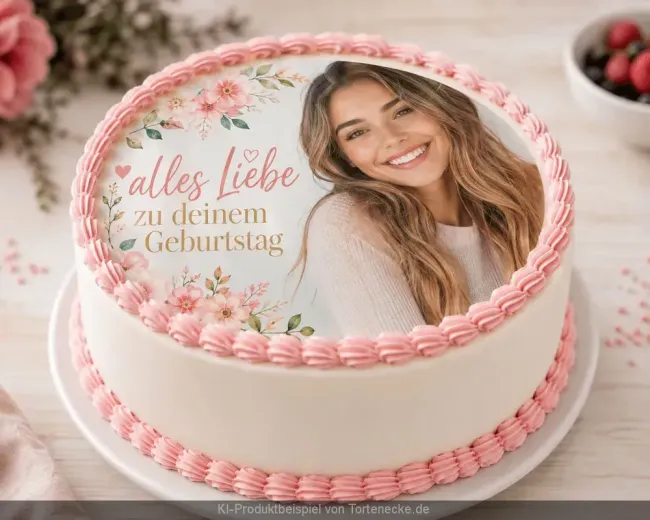 Preview: Rundes Tortenfoto aus Wunschbild mit Geburtstagstext und rosa Sahnetupfen